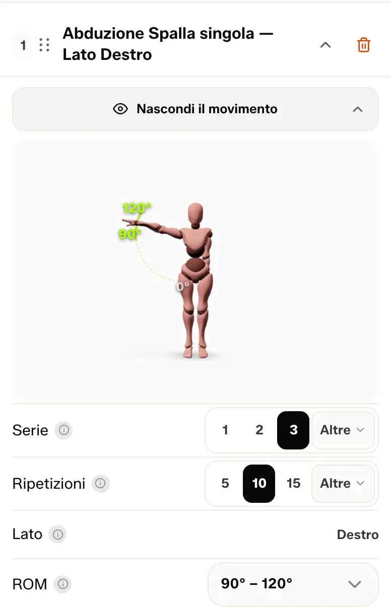 Il configuratore vero di Selfmotion: per l'abduzione di spalla destra il fisioterapista sceglie serie e ripetizioni e il range di movimento (da 90° a 120°), e il manichino 3D mostra il movimento prescritto. Dati dimostrativi.