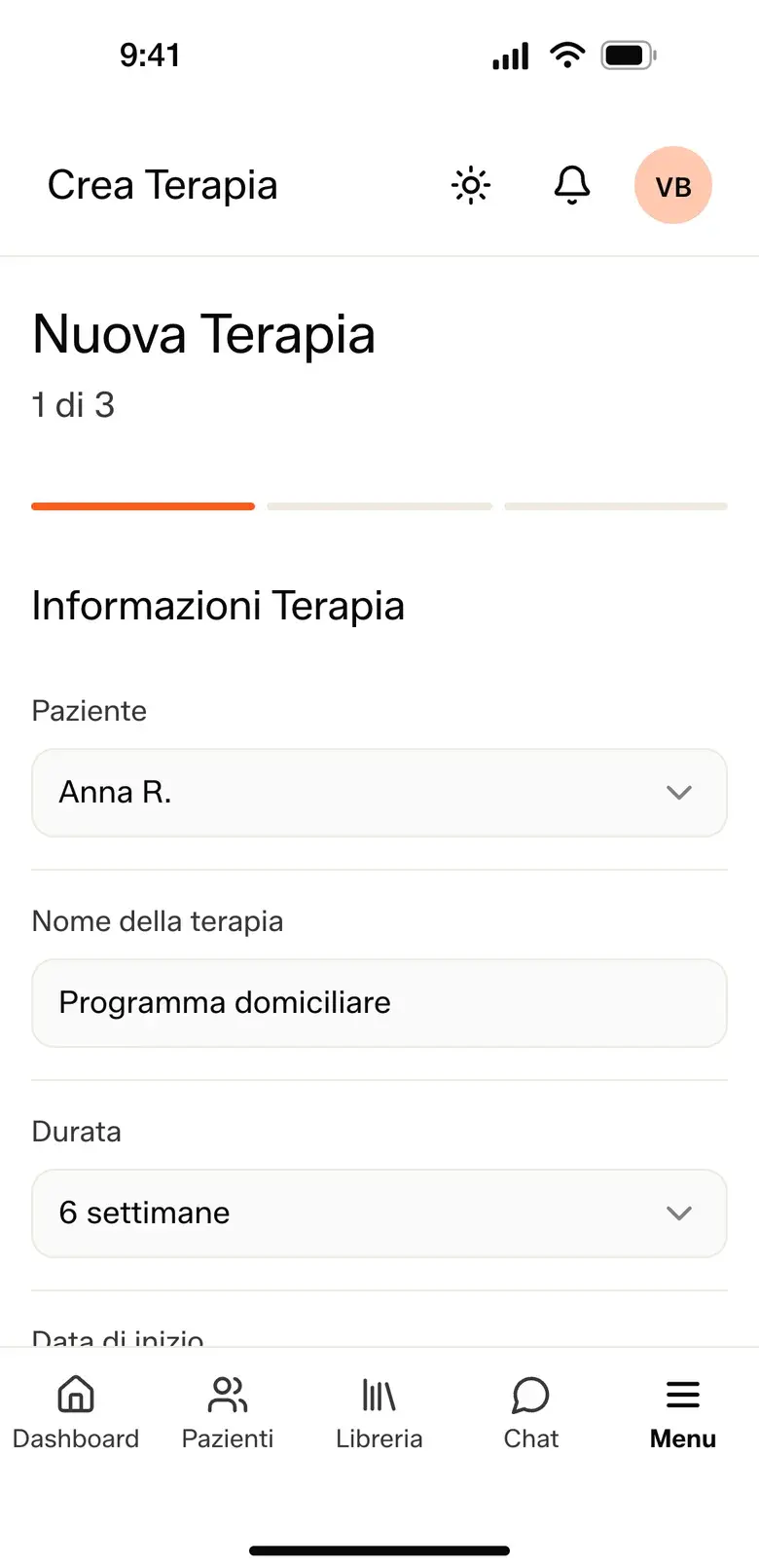 La stessa schermata sul telefono: Nuova Terapia per Anna R., con nome, durata e data di inizio. Dati dimostrativi.