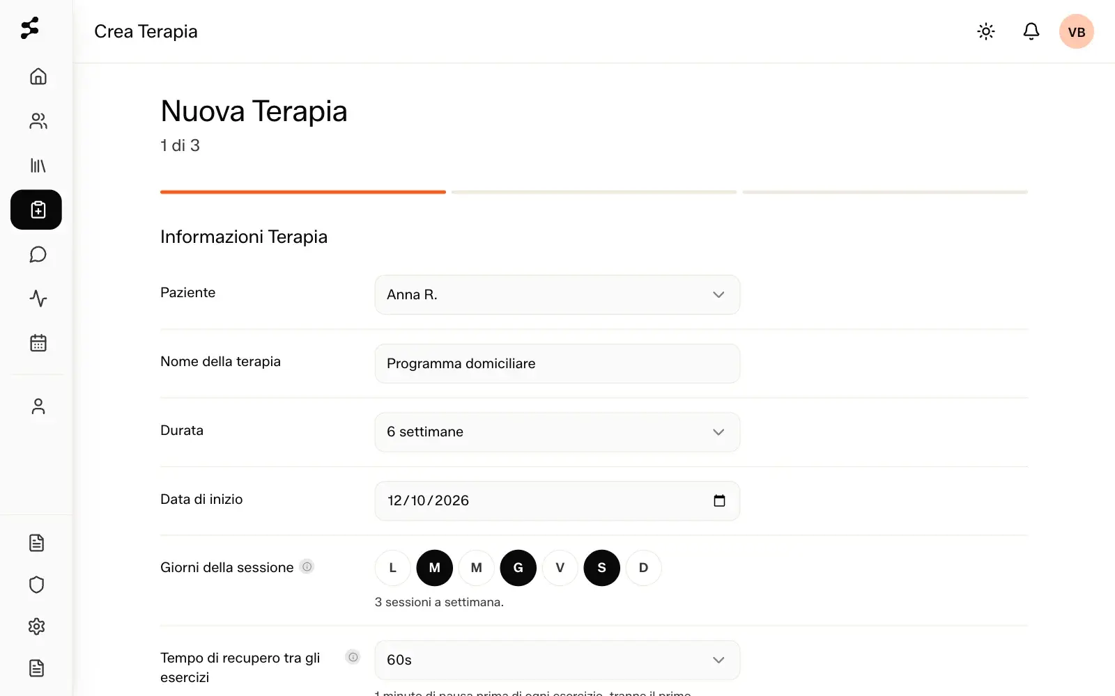 Dashboard di Selfmotion: il fisioterapista crea una nuova terapia per Anna R. (nome, durata, giorni della settimana, recupero tra gli esercizi). Dati dimostrativi.