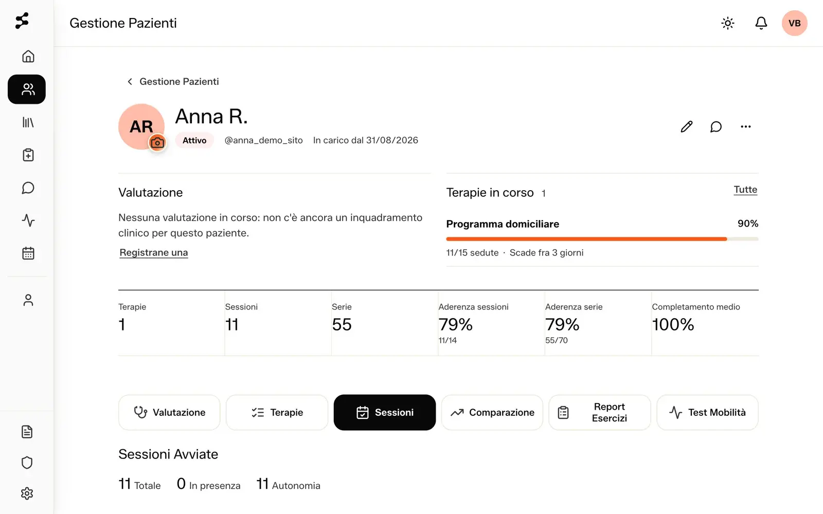 Dashboard di Selfmotion: la scheda di Anna R. con aderenza alle sessioni e alle serie e l’elenco delle sedute svolte in autonomia. Dati dimostrativi.